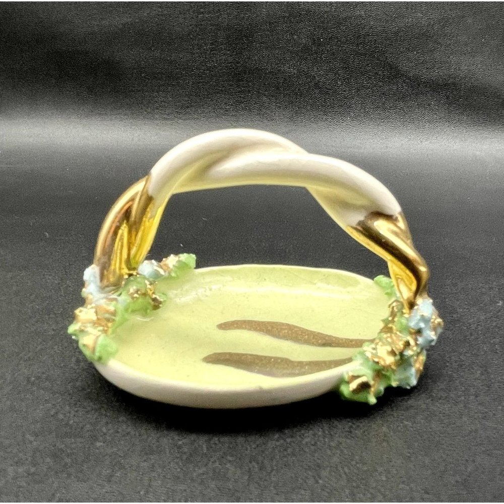 Small handmade pottery basket painted yellow w/blue flowers & gold - Ring dish